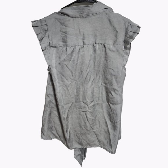 Ann Taylor LOFT Tie Neck Blouse Womens Size Small Gray Cap Sleeve Career Summer - Picture 2 of 4